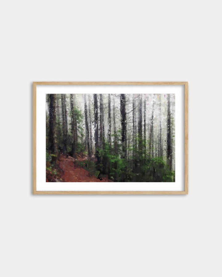 Framed artwork of a forest path on a white wall
