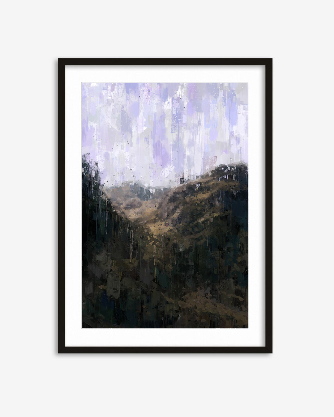 Framed artwork of a mountain landscape with a cloudy sky.