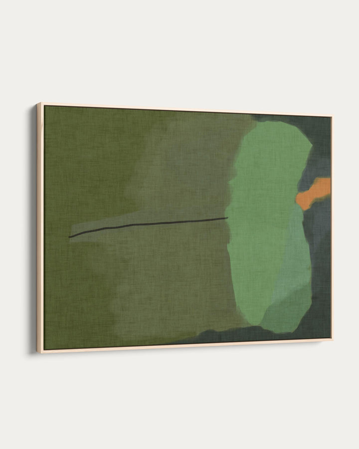 Abstract art piece with green and orange shapes on a green background