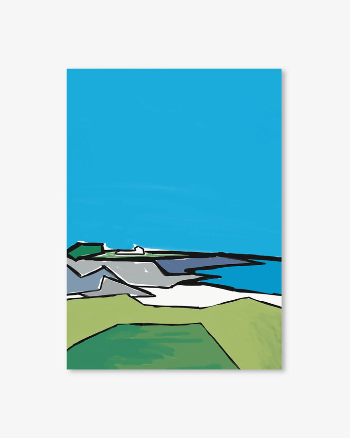 Abstract art print with geometric shapes on a blue background