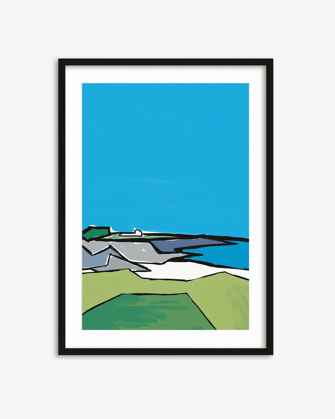 Framed abstract artwork with blue sky and green landscape
