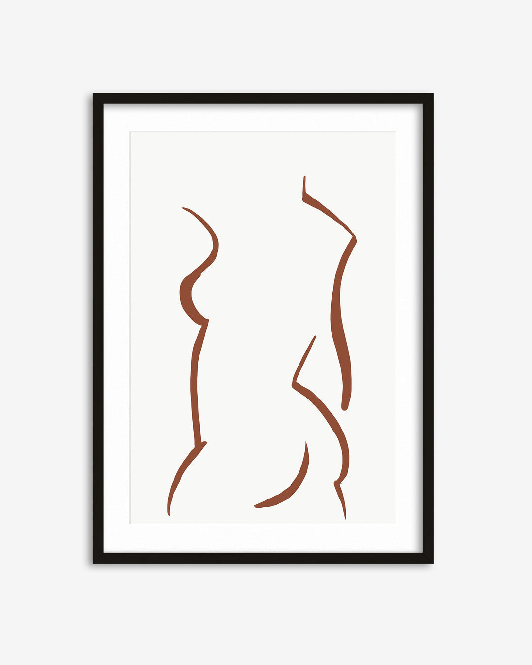 Framed abstract art print with two brown line drawings on a white background