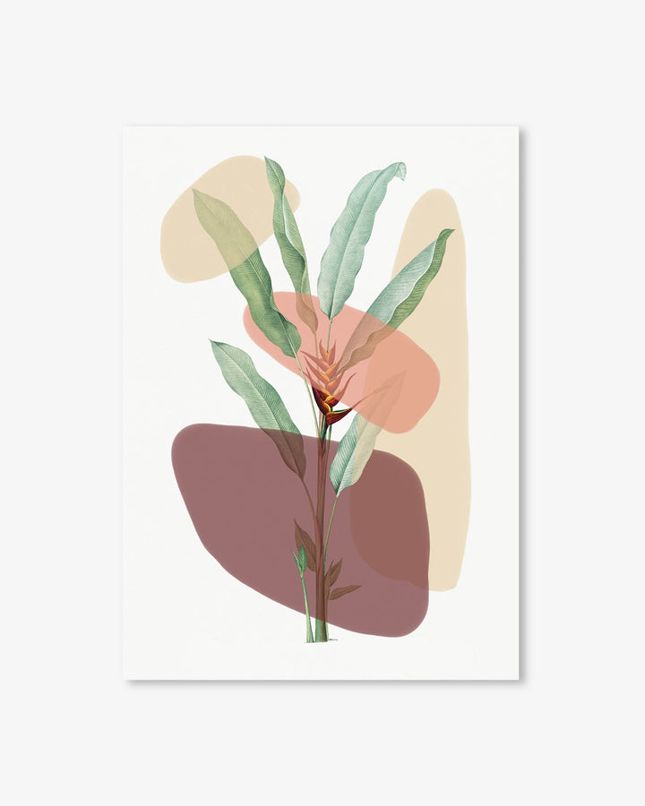 Art print with abstract shapes and leaves on a white background
