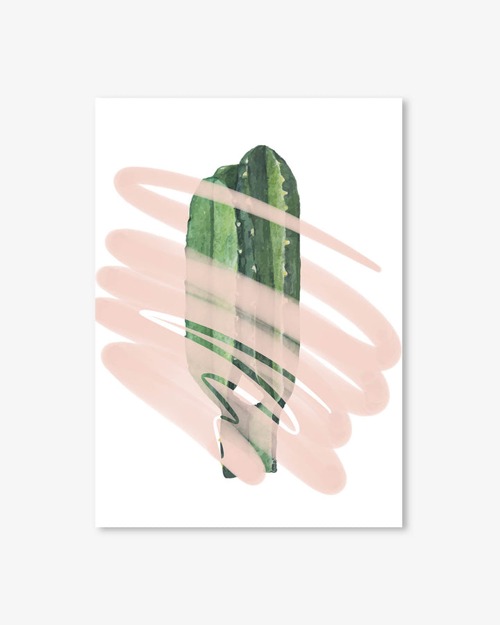 Cactus plant with abstract pink brush strokes on a white background