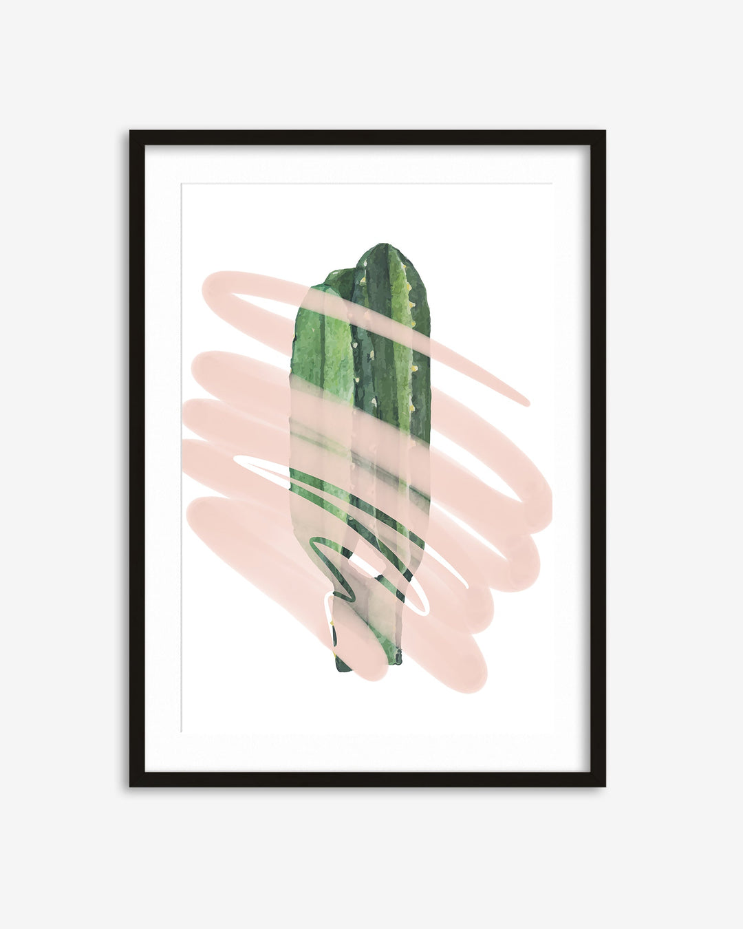 Framed artwork with a green plant and pink abstract shapes on a white background