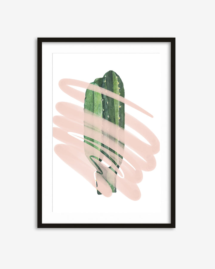 Framed artwork with a green plant and pink abstract shapes on a white background