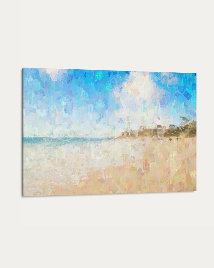 Canvas print of a beach scene with blue sky and sand