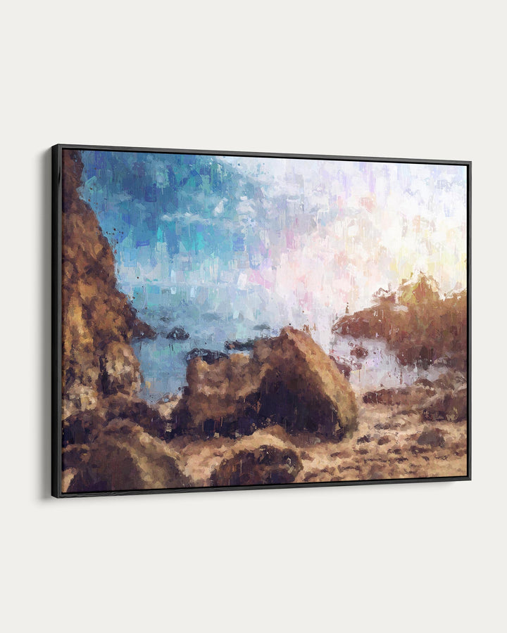 Framed artwork of a coastal scene with cliffs and ocean.