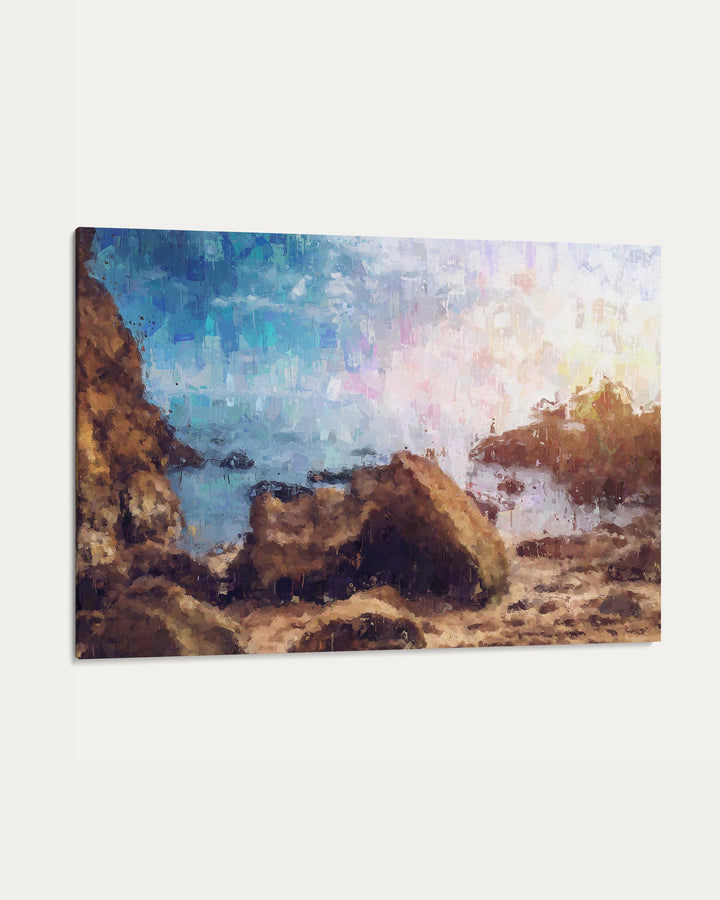 Artistic depiction of a coastal scene with cliffs and water.