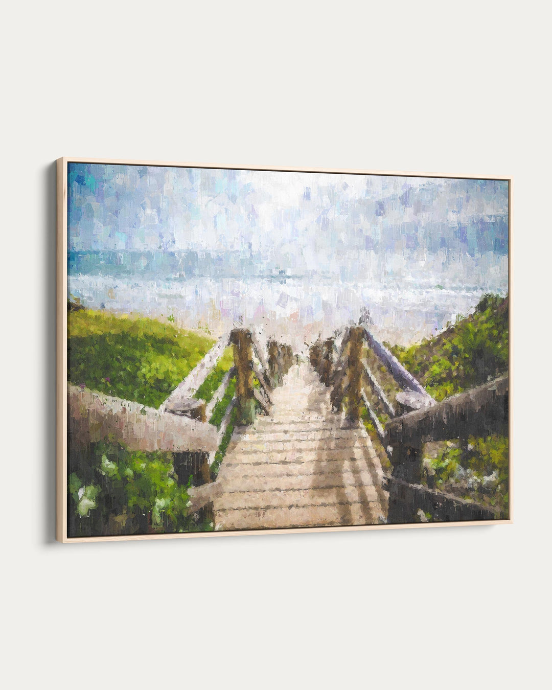 Wooden staircase leading to a grassy area with a clear sky