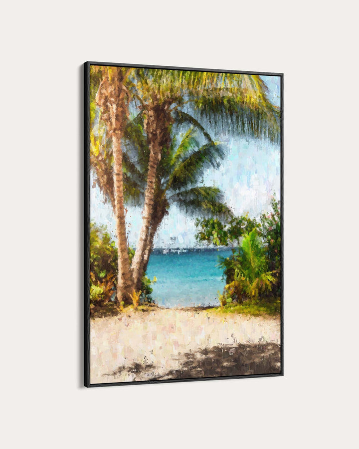 Framed artwork of a tropical beach scene with palm trees and clear blue water.