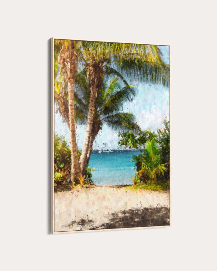 Framed artwork of a tropical beach scene with palm trees and clear blue water.