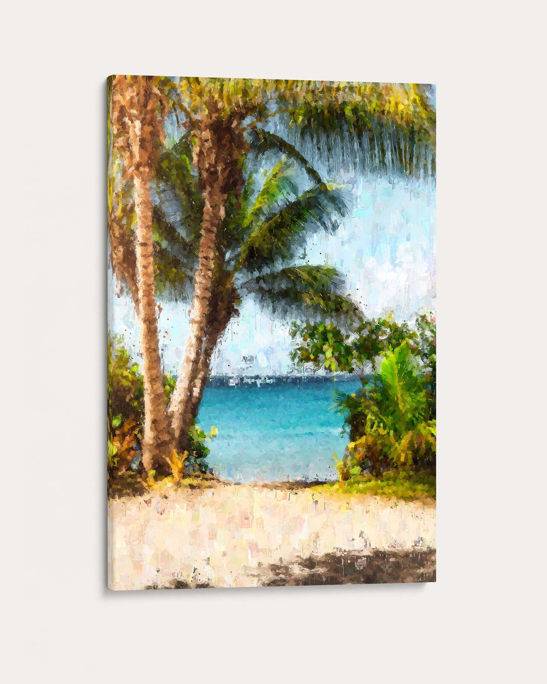 Canvas print of a tropical beach scene with palm trees and clear blue water.