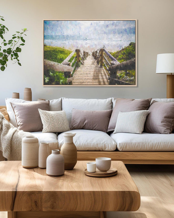 Modern living room with a wooden sofa, coffee table, and decorative items.