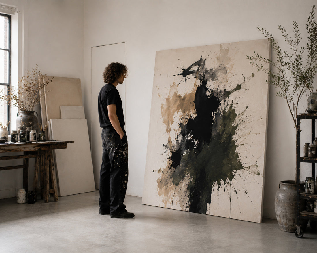 A man in a black t-shirt and paint-splattered pants stands in a studio, looking at a large abstract canvas painting with black, brown, and green paint splatters on a cream background.