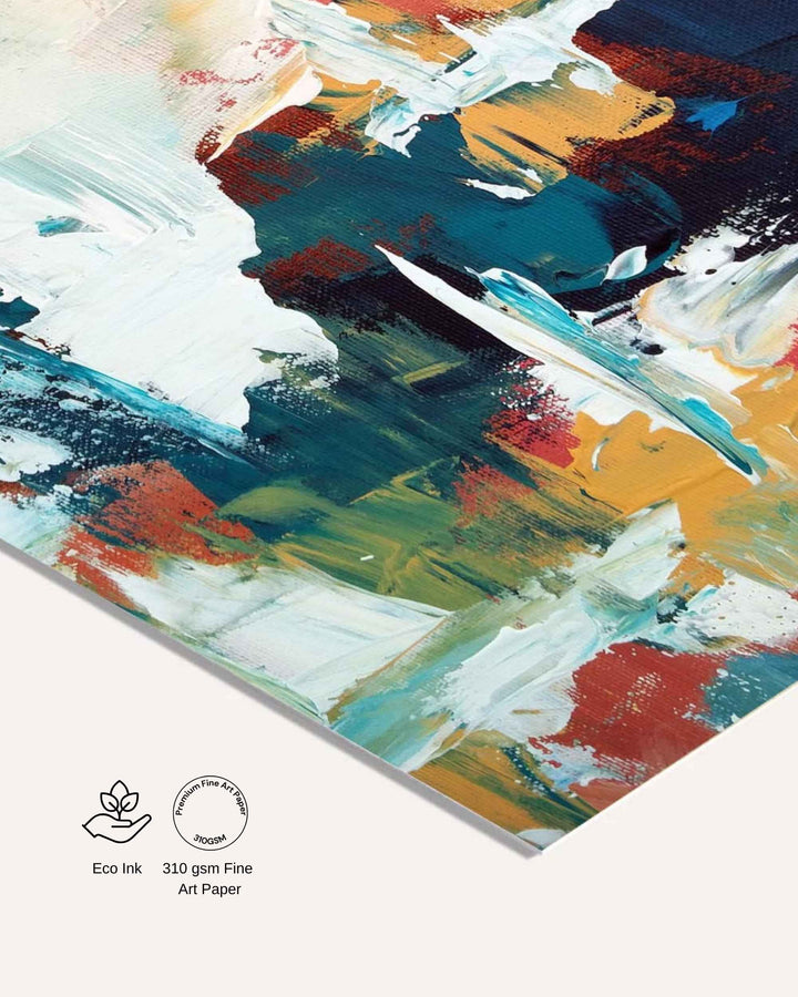 Abstract painting with bold colors on a white background, featuring eco-friendly ink and art paper details.