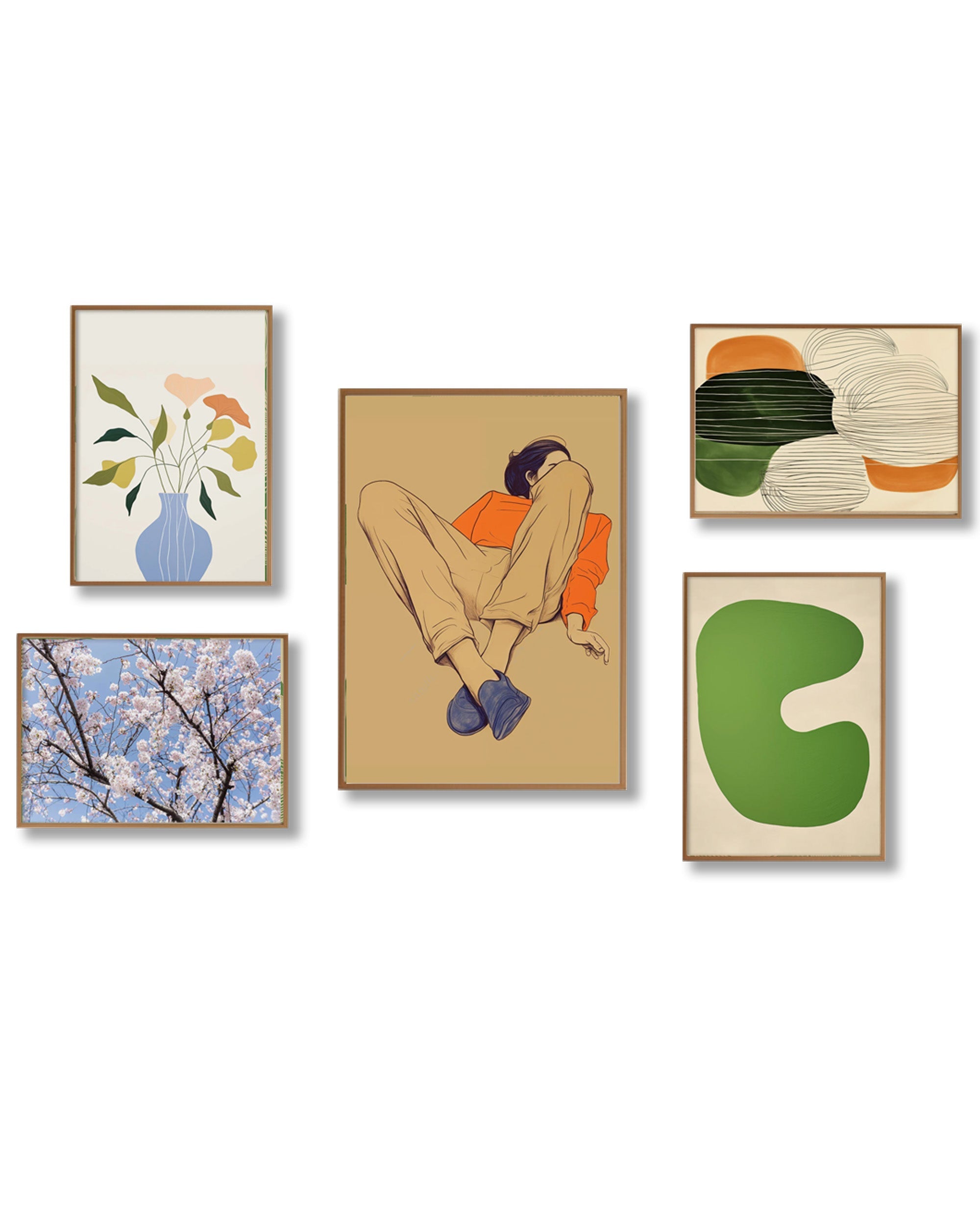 Set of six framed artworks on a white background