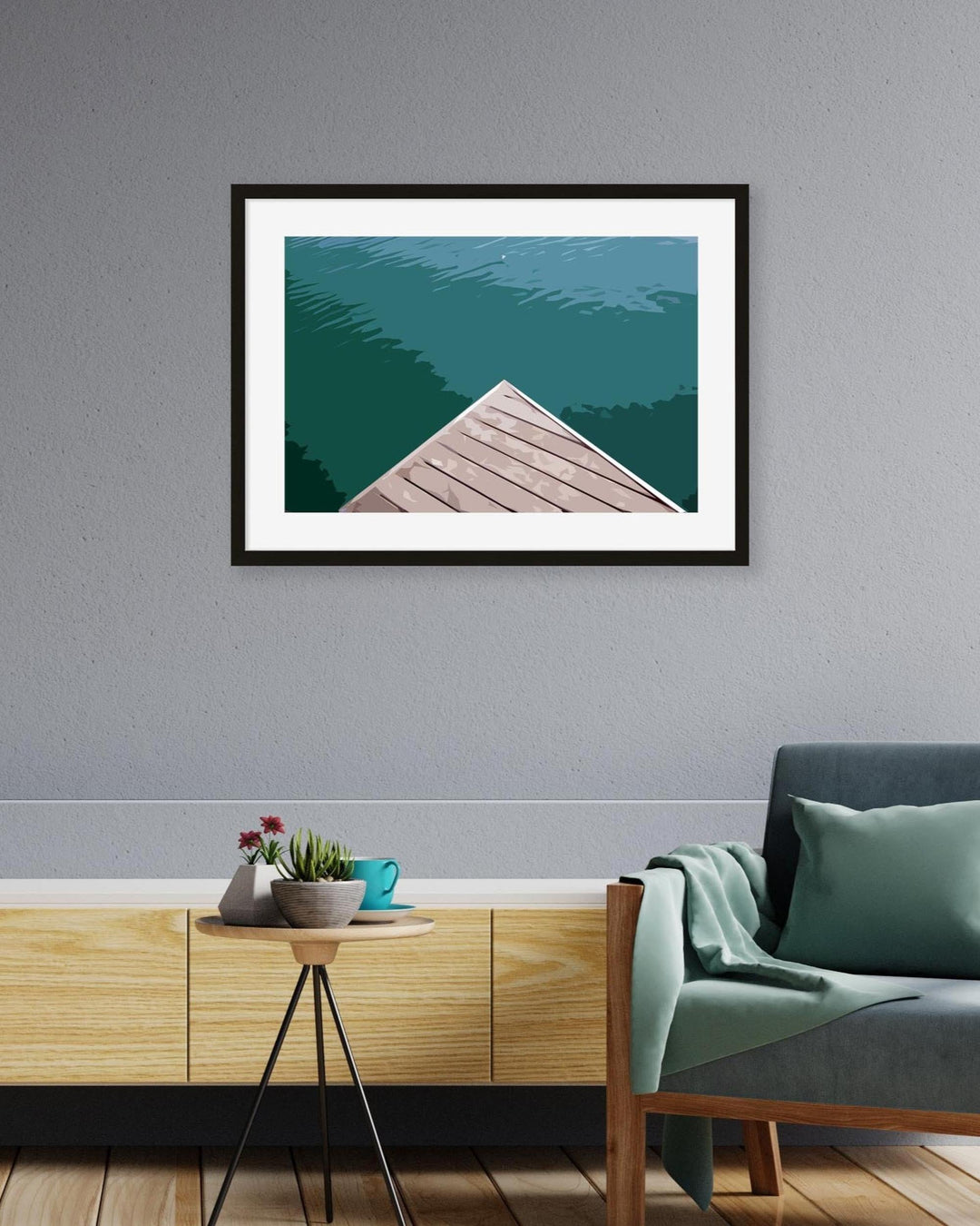 Framed artwork of a dock on a wall in a living room setting.