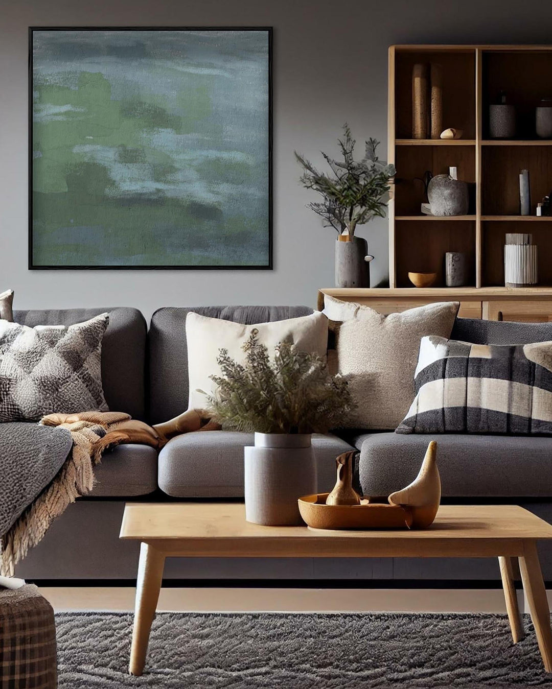 Modern living room with a gray sofa, wooden coffee table, and bookshelf.