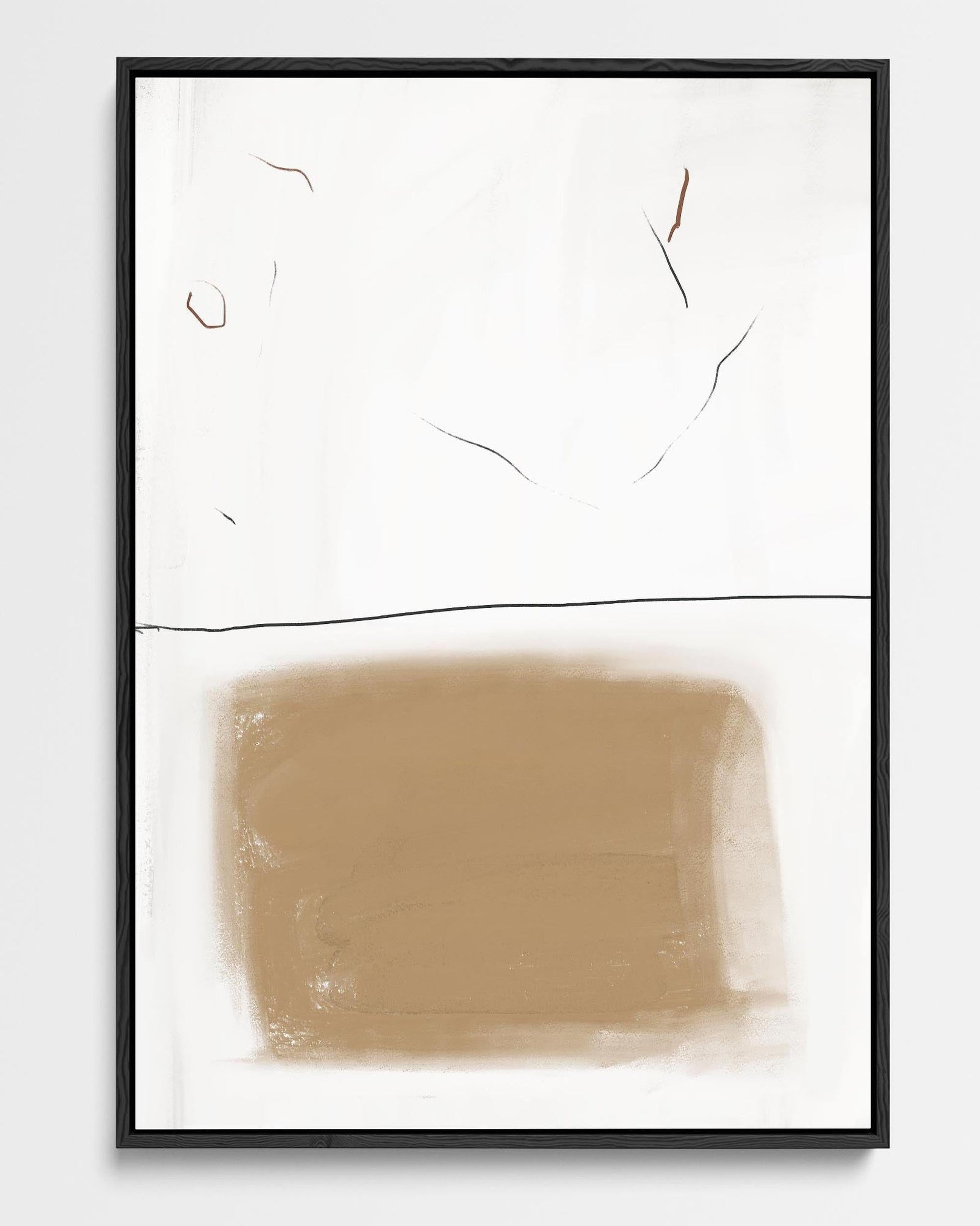 Abstract art piece with a brown rectangular shape on a white background, framed in black.