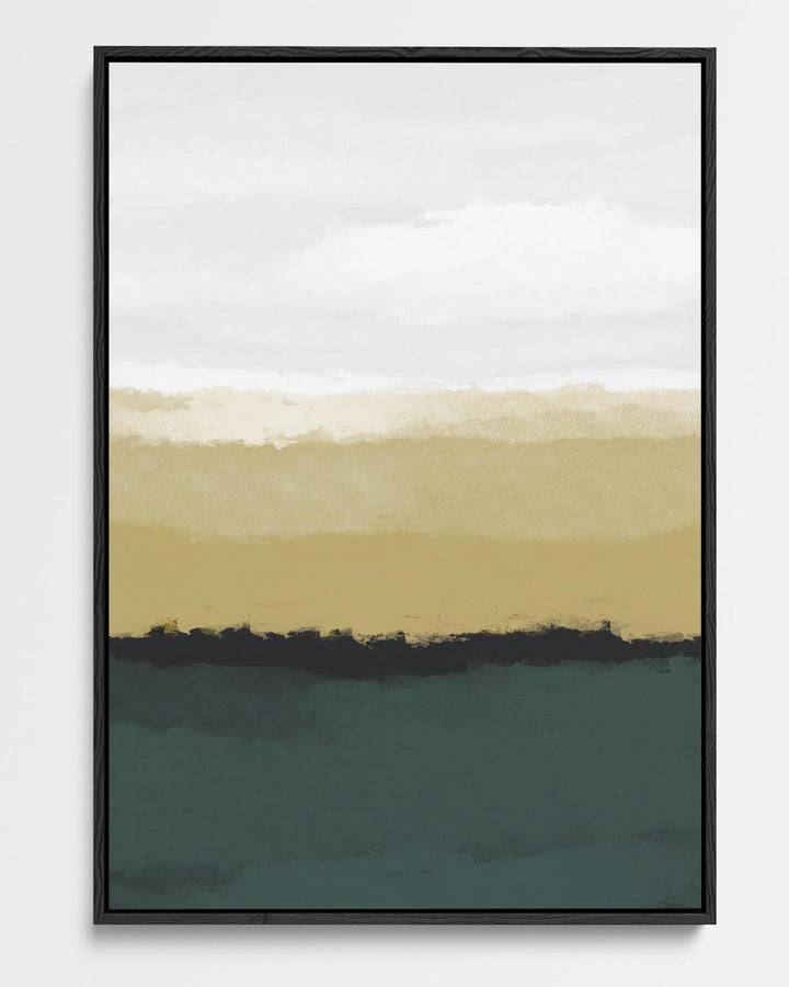 Abstract art print with horizontal color stripes in beige, black, and white on a white background.