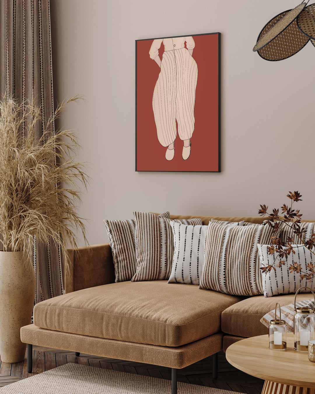 modern scandinavian danish wall art poster fashion print of female wearing trousers and shoes in modern living room luxury design