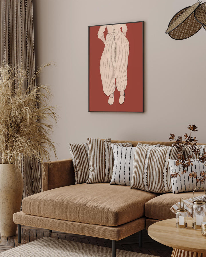 modern scandinavian danish wall art poster fashion print of female wearing trousers and shoes in modern living room luxury design