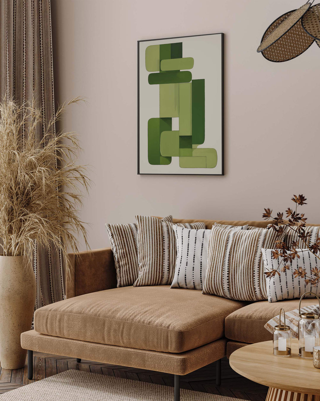 Modern living room with brown neutral sofa and neutral cushions with large green and white geometric abstract wall art poster framed picture on wall