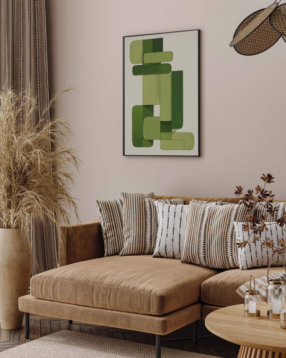Living room with a brown sectional sofa, decorative pillows, and a abstract green painting on the wall.
