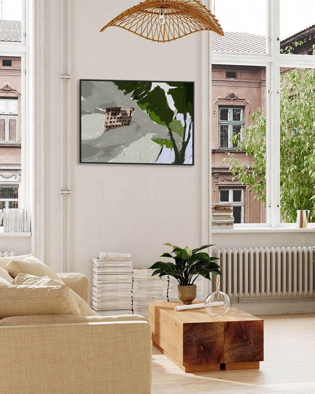 Modern living room with a beige sofa, wooden coffee table, and a painting on the wall.