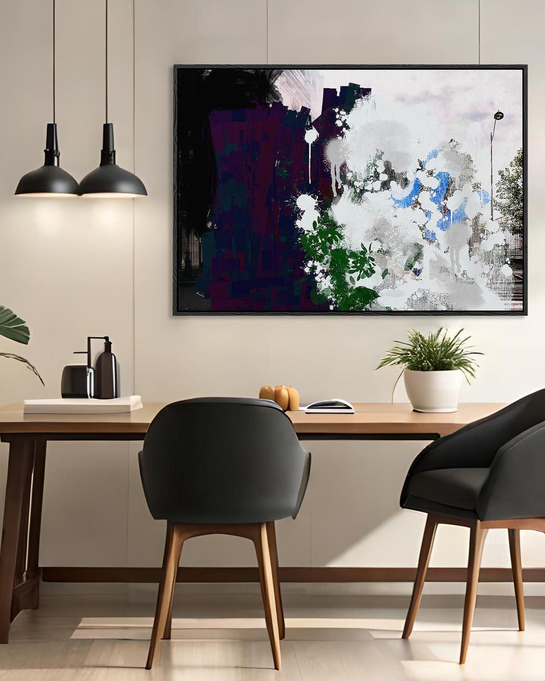 Modern dining room with a wooden table, black chairs, and abstract art on the wall.