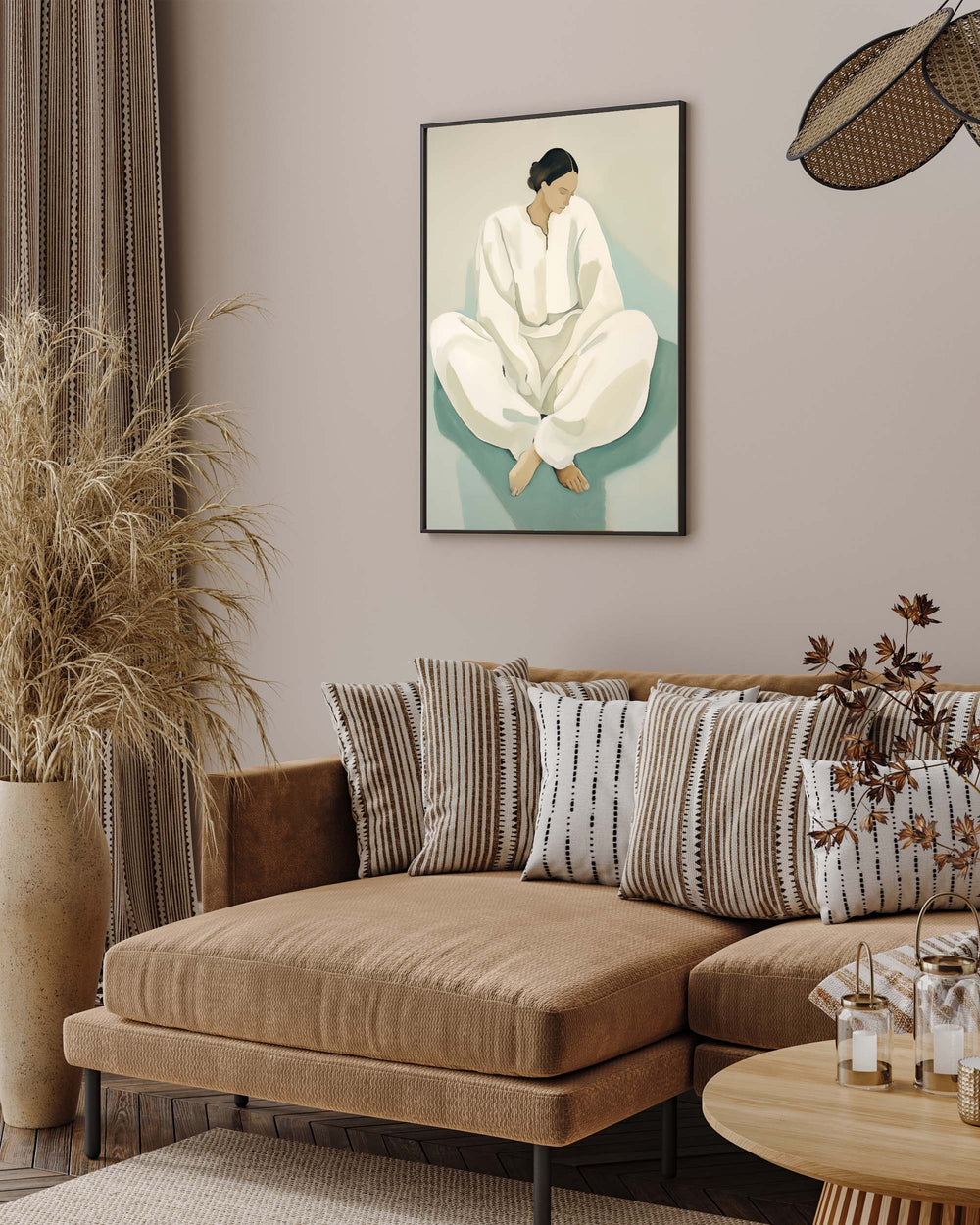 Living room with a brown sectional sofa, decorative pillows, and a wall art piece.