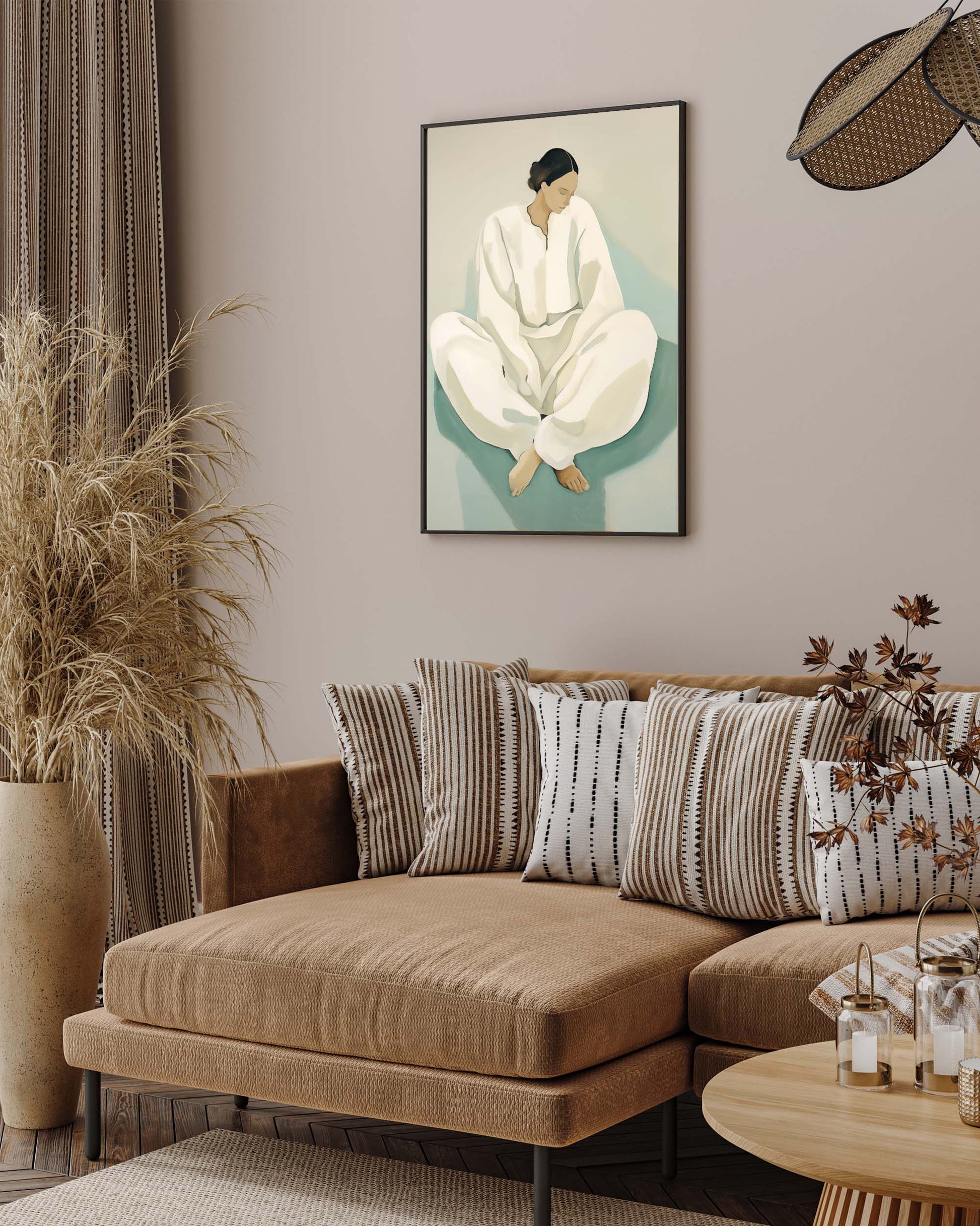 Living room with a brown sectional sofa, decorative pillows, and a wall art piece.