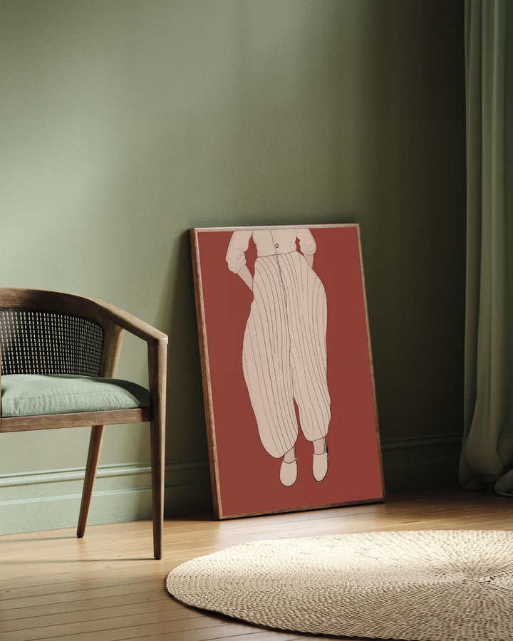 large wall art print modern fashion poster print of woman wearing stylish trousers and trendy shoes in green living room 