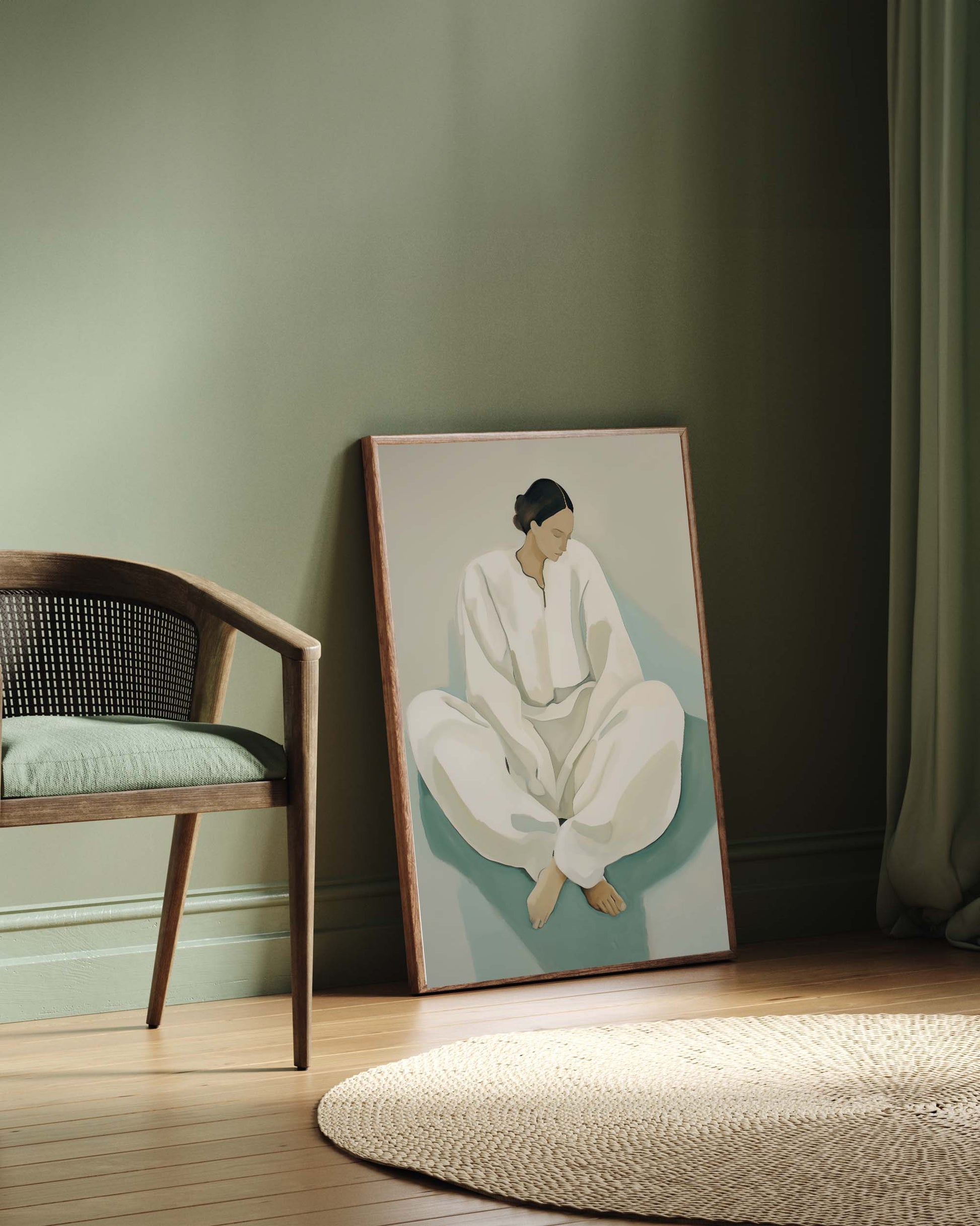 Framed artwork of a person sitting on a wall in a room with a chair and rug.
