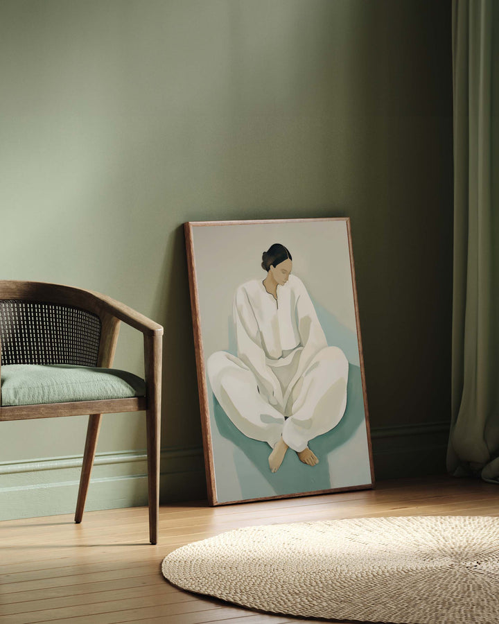 Framed artwork of a person sitting on a wall in a room with a chair and rug.