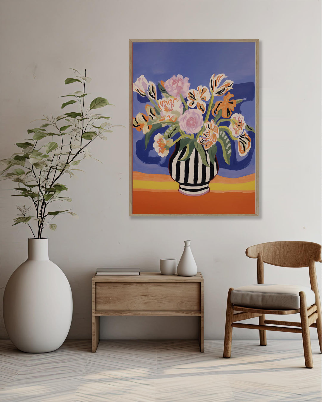 flower pot vase of colourful flowers wall art print poster in scandi living room