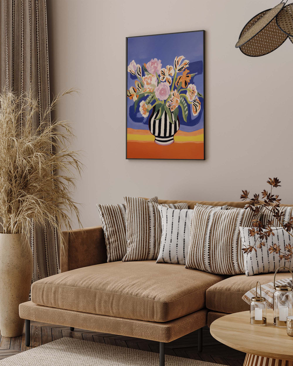 modern neutral living room with sofa and floral illustrative poster print framed in oak frame on wall