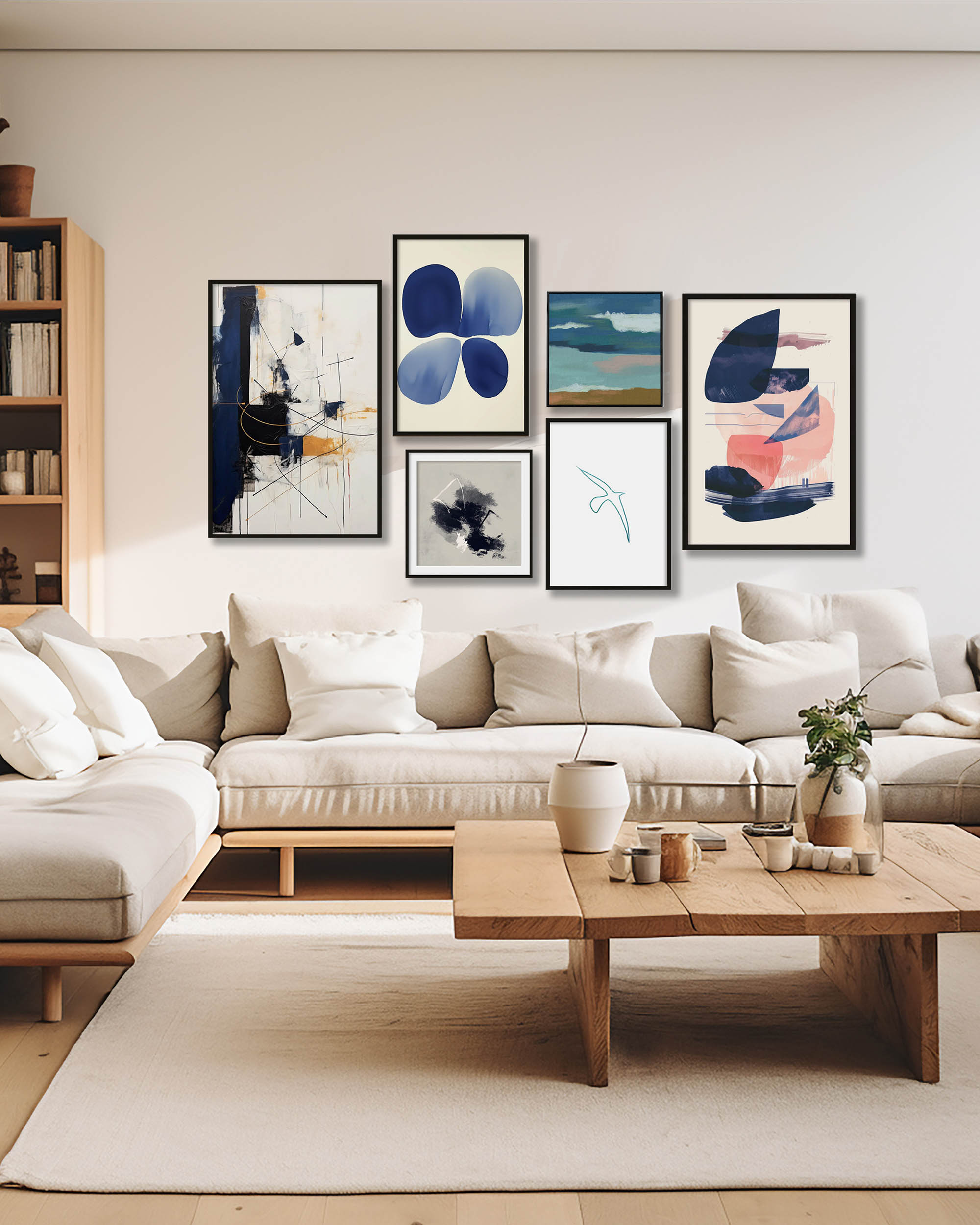Modern living room with a beige sectional sofa, wooden coffee table, and abstract art on the wall.