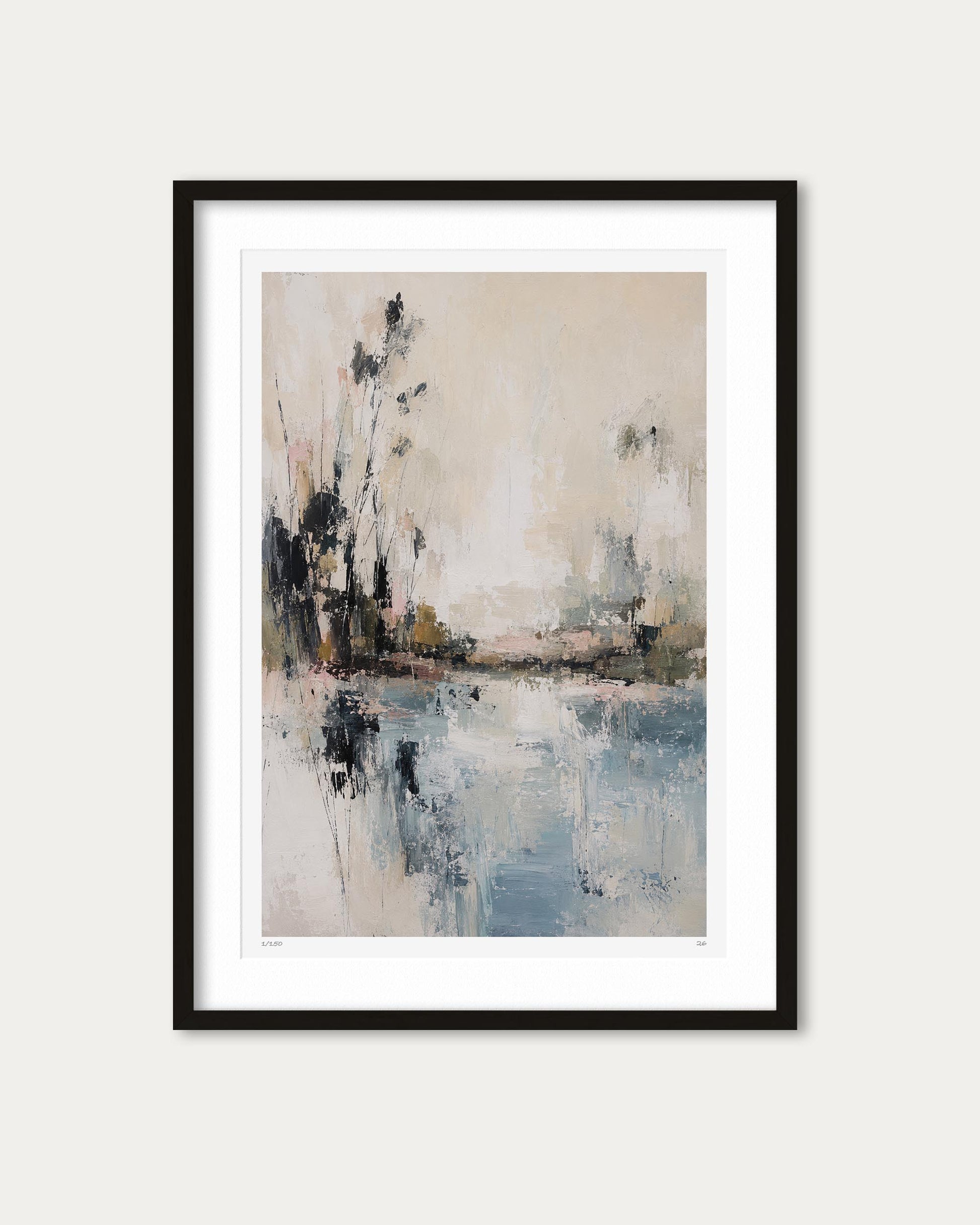 A framed abstract landscape art print featuring a beige and blue watercolor wash with dark tree silhouettes, presented in a black frame with a white mat against a light gray background.