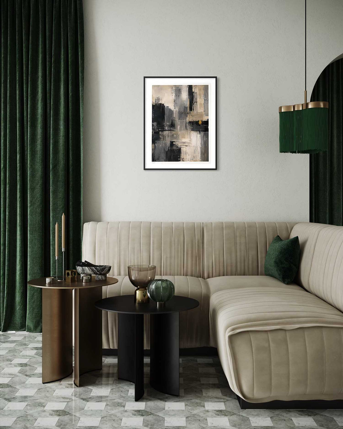 Modern living room with beige sofa, side tables, and abstract art on the wall.