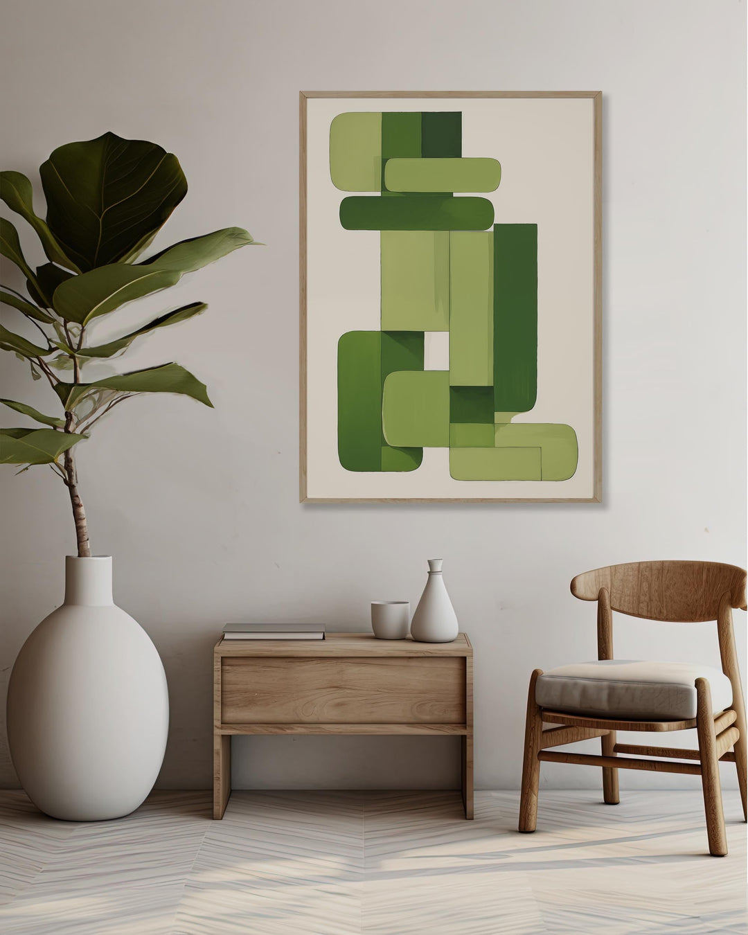 Modern interior with abstract green artwork, white vase, wooden side table, and chair.