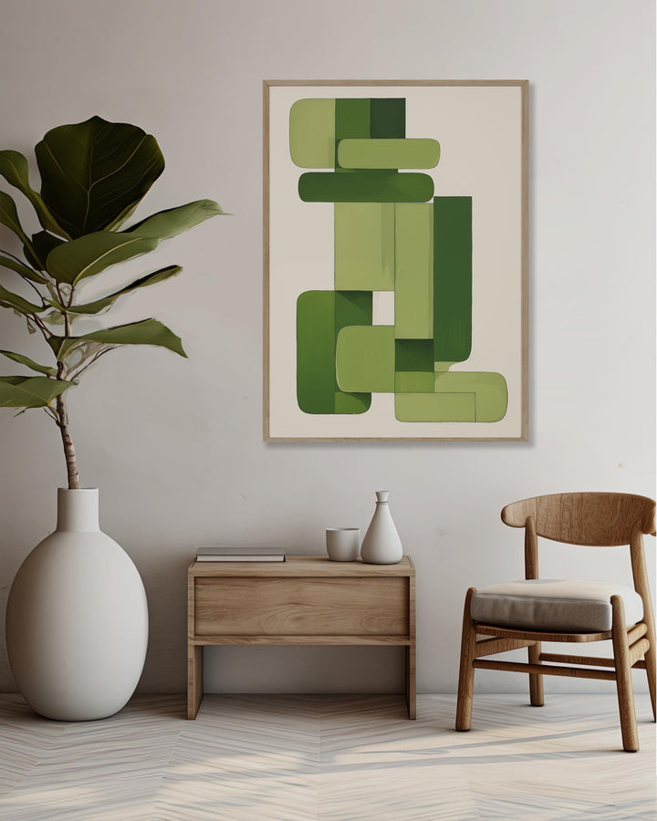 Modern interior with abstract green artwork, white vase, wooden side table, and chair.