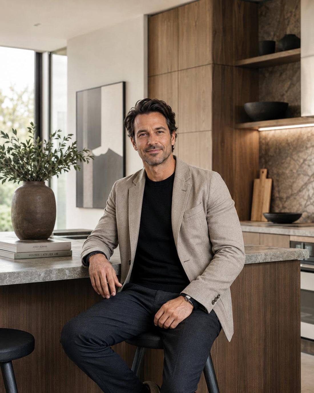 A man wearing a light beige blazer over a black t-shirt and dark trousers sits on a stool in a modern kitchen with wood cabinets and a stone countertop.