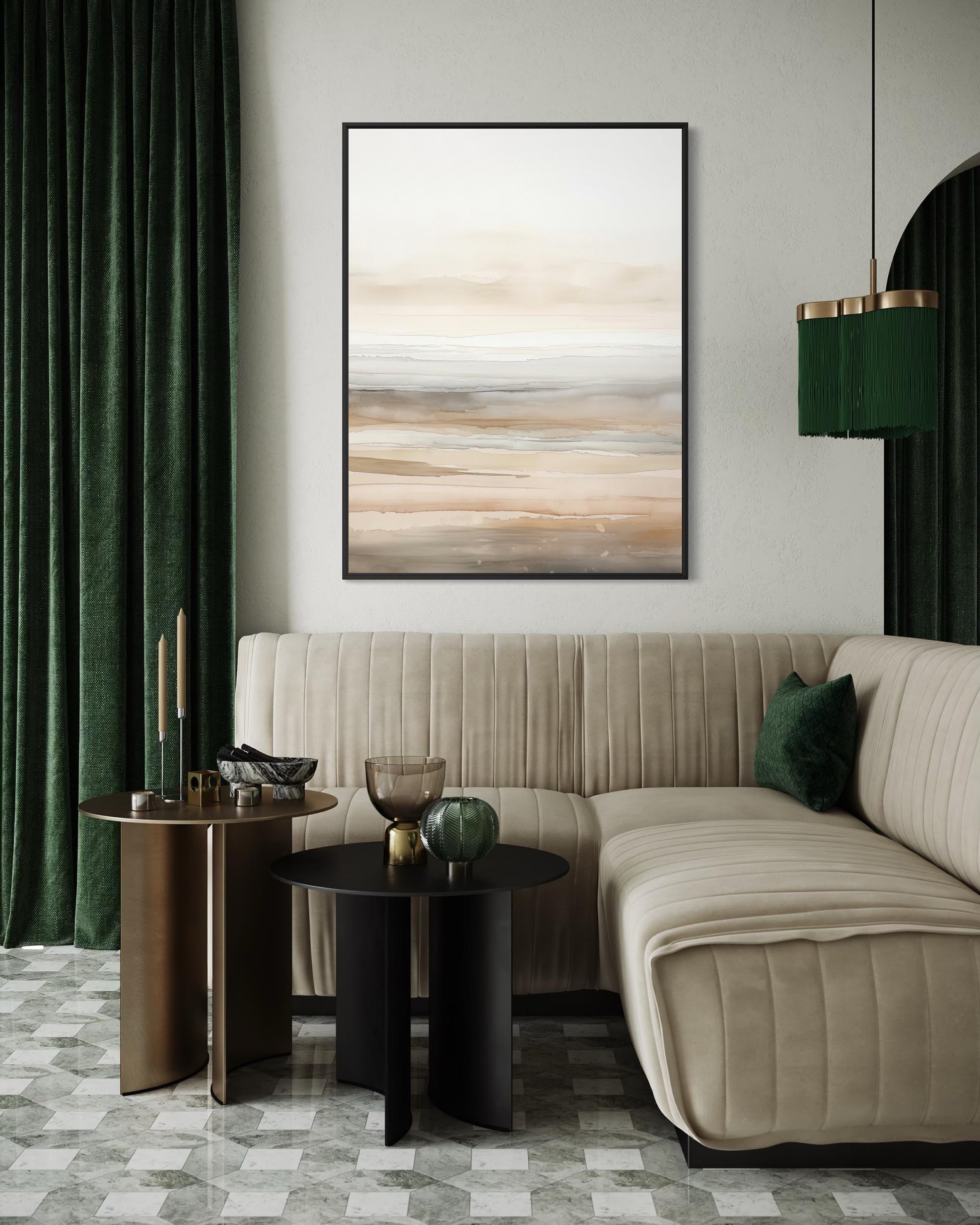 Modern living room with a beige sofa, abstract painting, and decorative items.