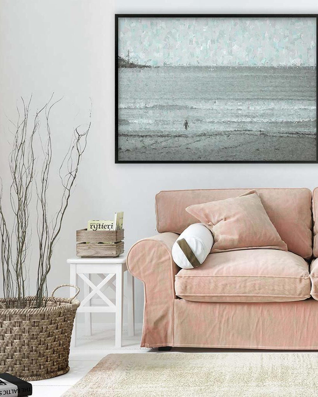 framed artwork hung in living room 