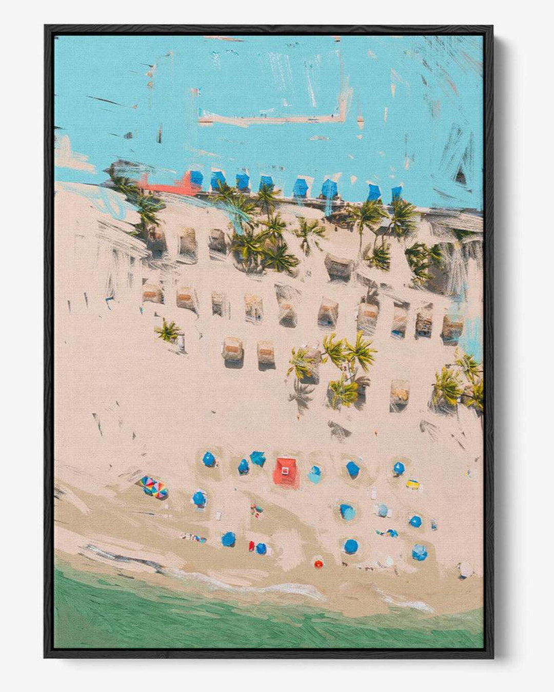 Framed artwork of a beach scene with buildings, palm trees, and colorful umbrellas.