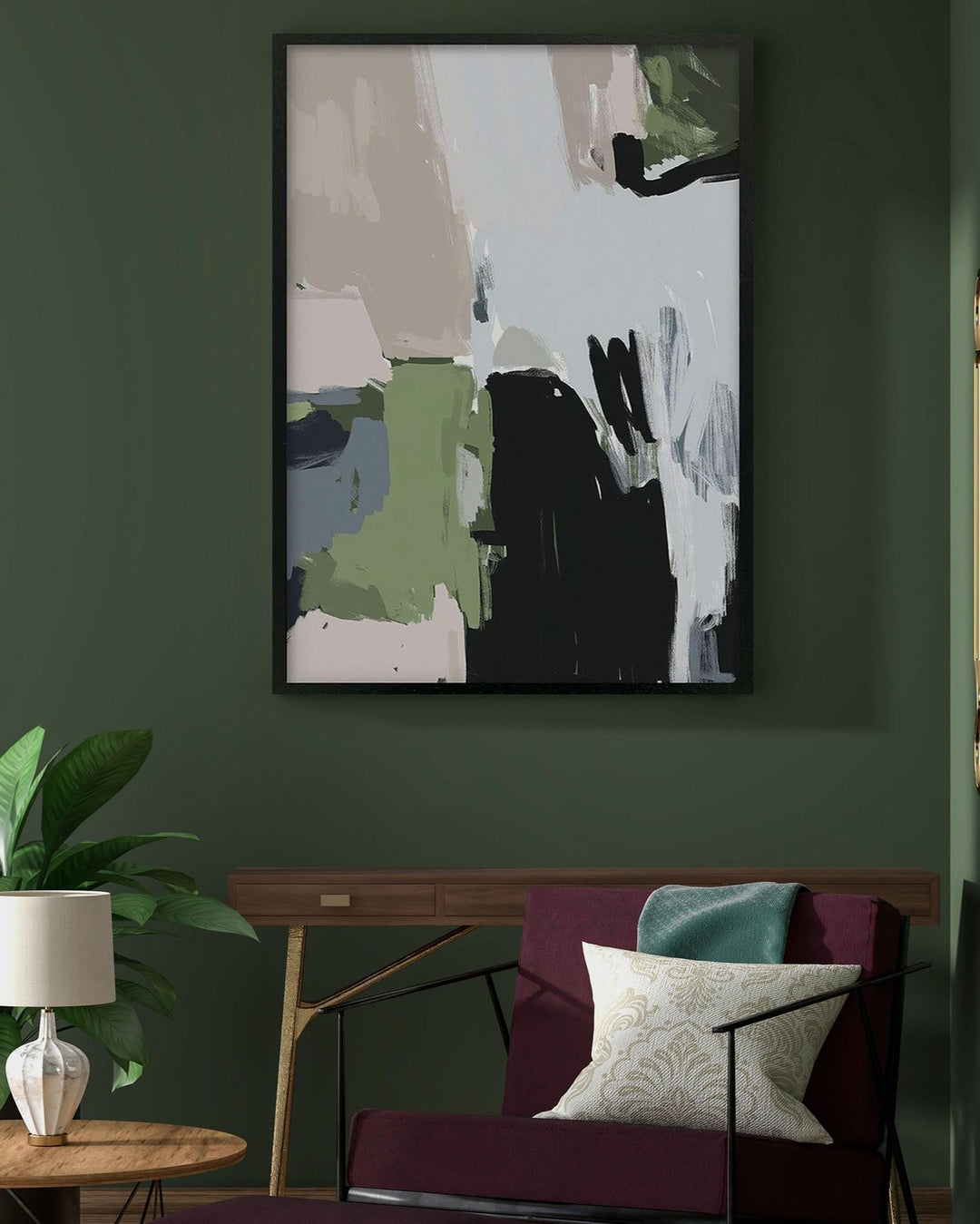 Abstract painting on a green wall above a sofa with decorative pillows.