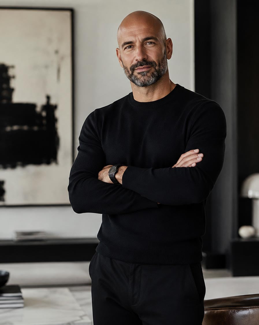 A bald man with a beard wearing a black long-sleeve crewneck sweater and black pants, standing with arms crossed in a modern interior setting.