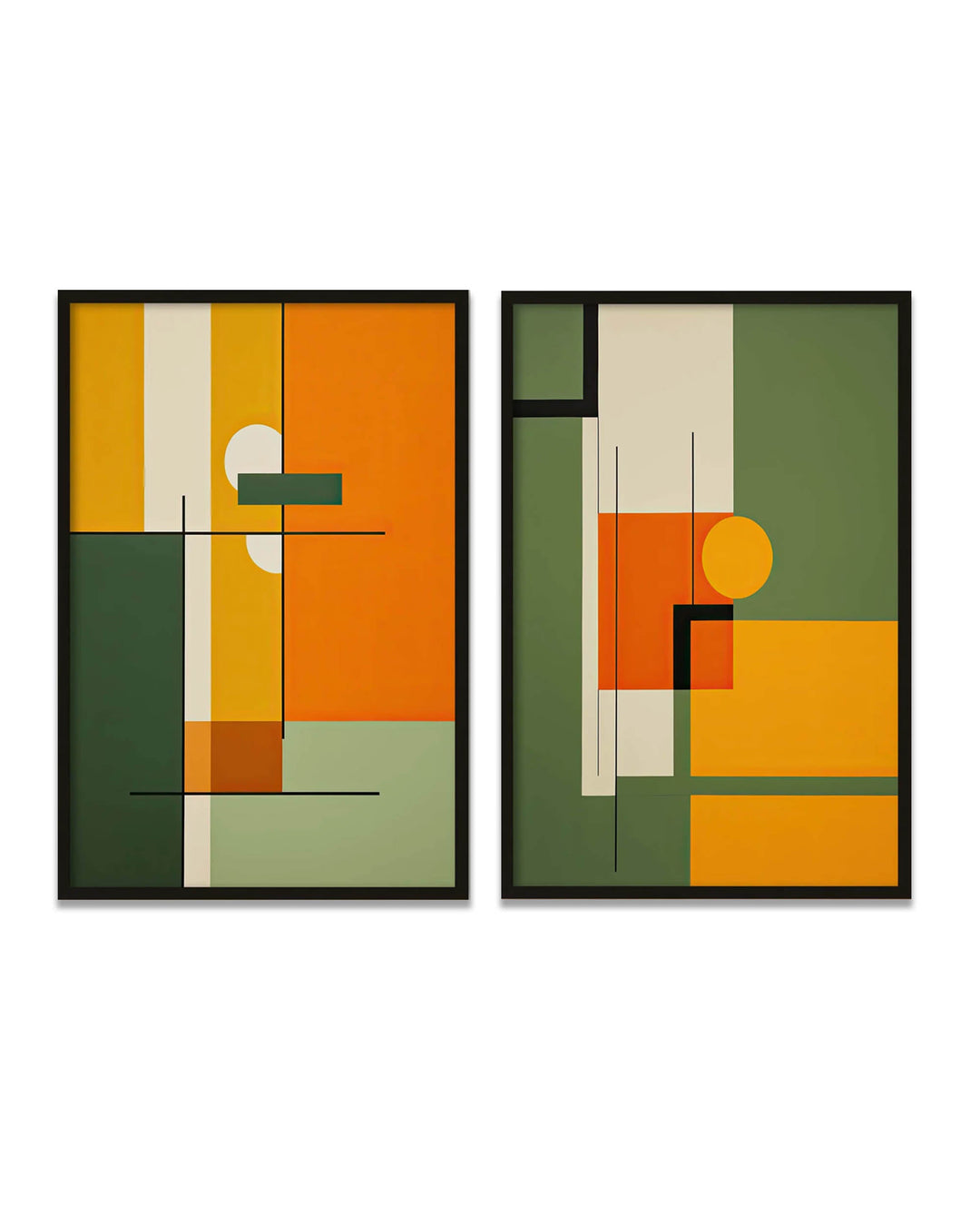 Two abstract art pieces with geometric shapes on a white background